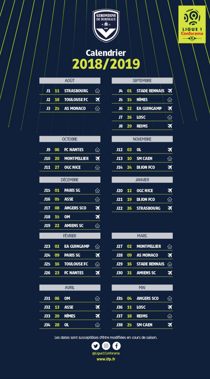 Girondins - Le Calendrier Complet De Bordeaux Pour La Saison 2018-2019 ...